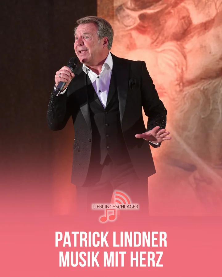 Lieblingsschlager-Grafik: Patrick Lindner singt mit Mikrofon auf einer Bühne